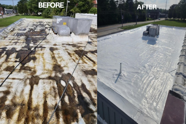 A before and after picture of a roof.
