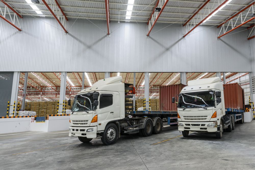 Two White Semi-trucks Parked Inside a Warehouse, One With a Flatbed — Downs Towing & Recovery Service in Chinchilla, QLD