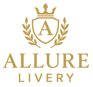 Gold logo with a crown, shield with the letter "A", and the words "ALLURE LIVERY".