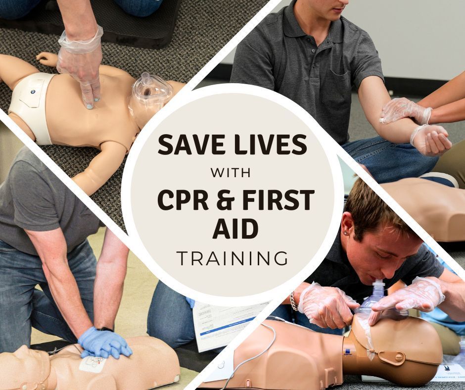CPR & First Aid training: People practice on mannequins. Text