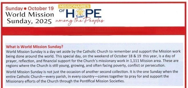 Sunday, October 19 is World Mission Sunday. Your offering today provides hope where despair often dominates. Click the link below to learn more.