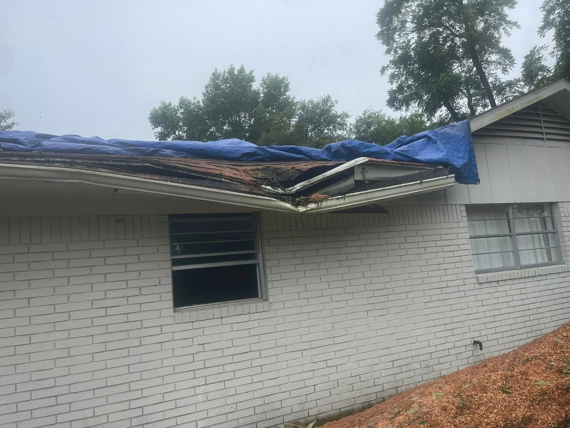 A white brick house with roof damage covered by a blue tarp; trees in the background.