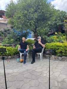Jesse and Bob getting ready for the podcast shoot