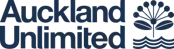 the logo for auckland unlimited shows a plant and waves .