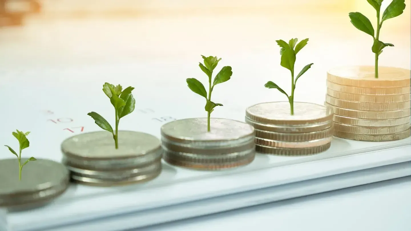 A stack of coins with plants growing out of them.