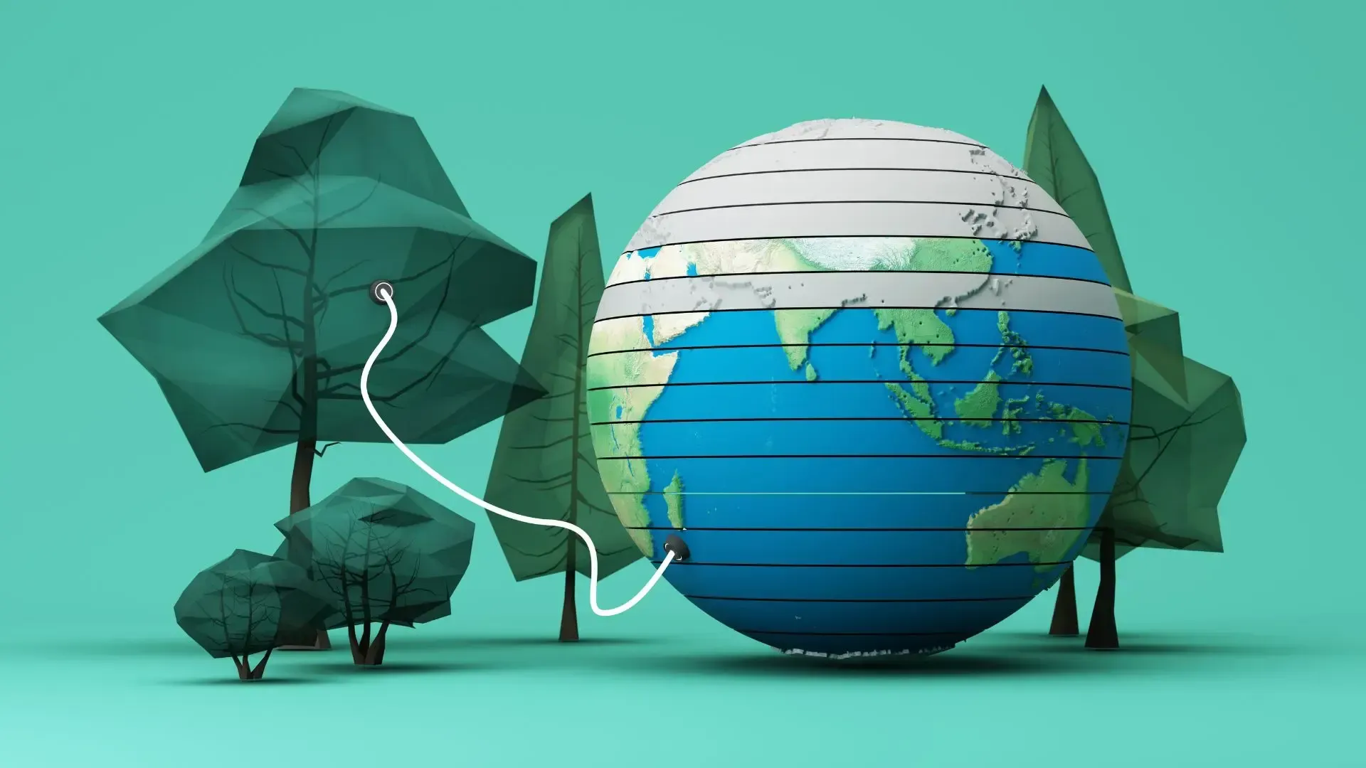 A low poly globe surrounded by trees on a green background.