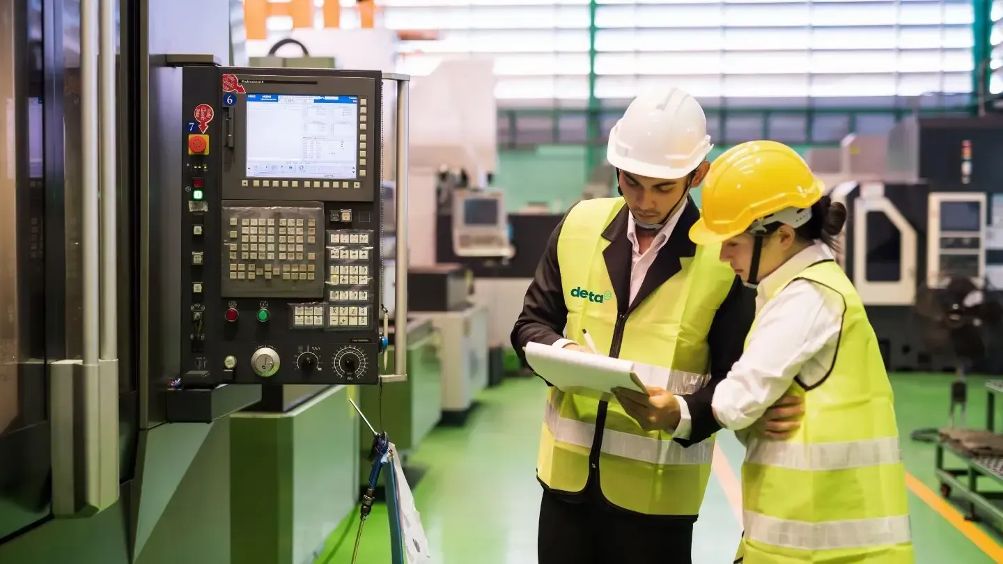 A man and a woman are looking at a tablet in a factory.