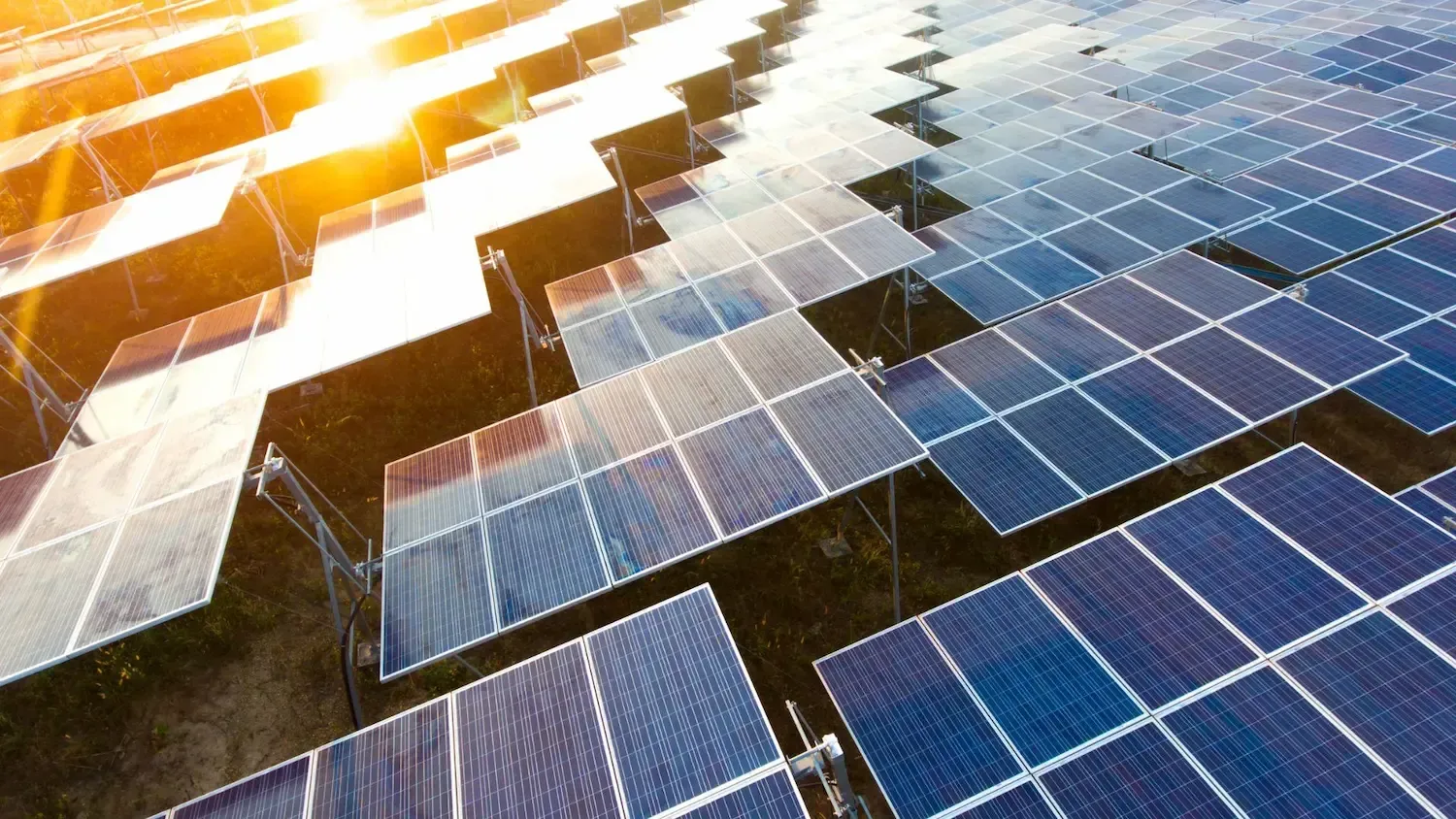 Solar panel field with bright sun reflecting off panels.