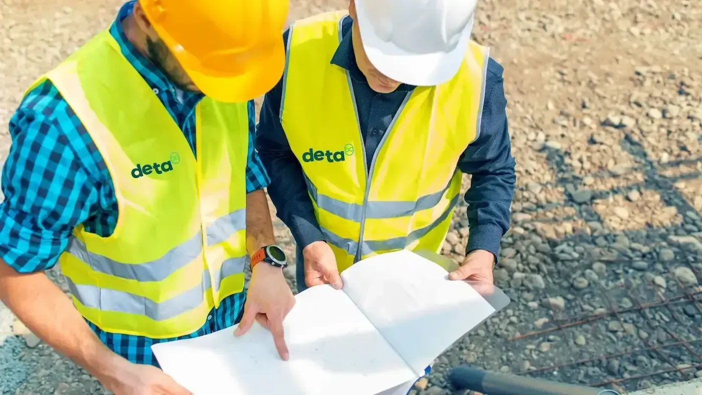 Two construction workers wearing hard hats and safety vests are looking at a book.