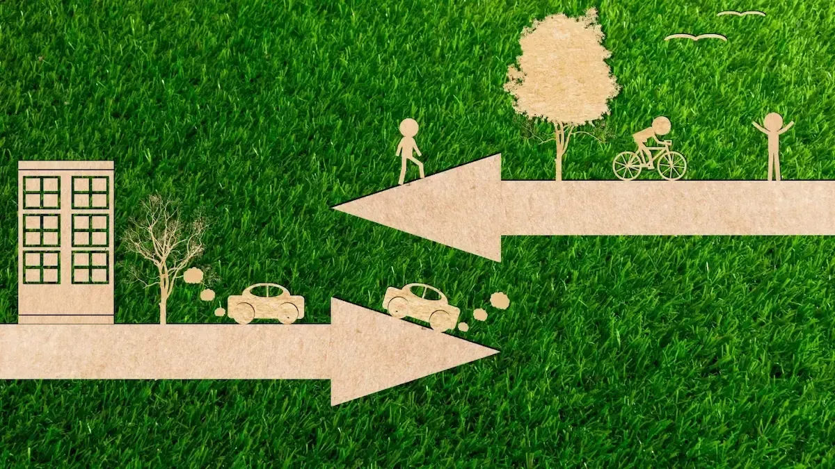 Two arrows pointing in opposite directions on a grassy field.