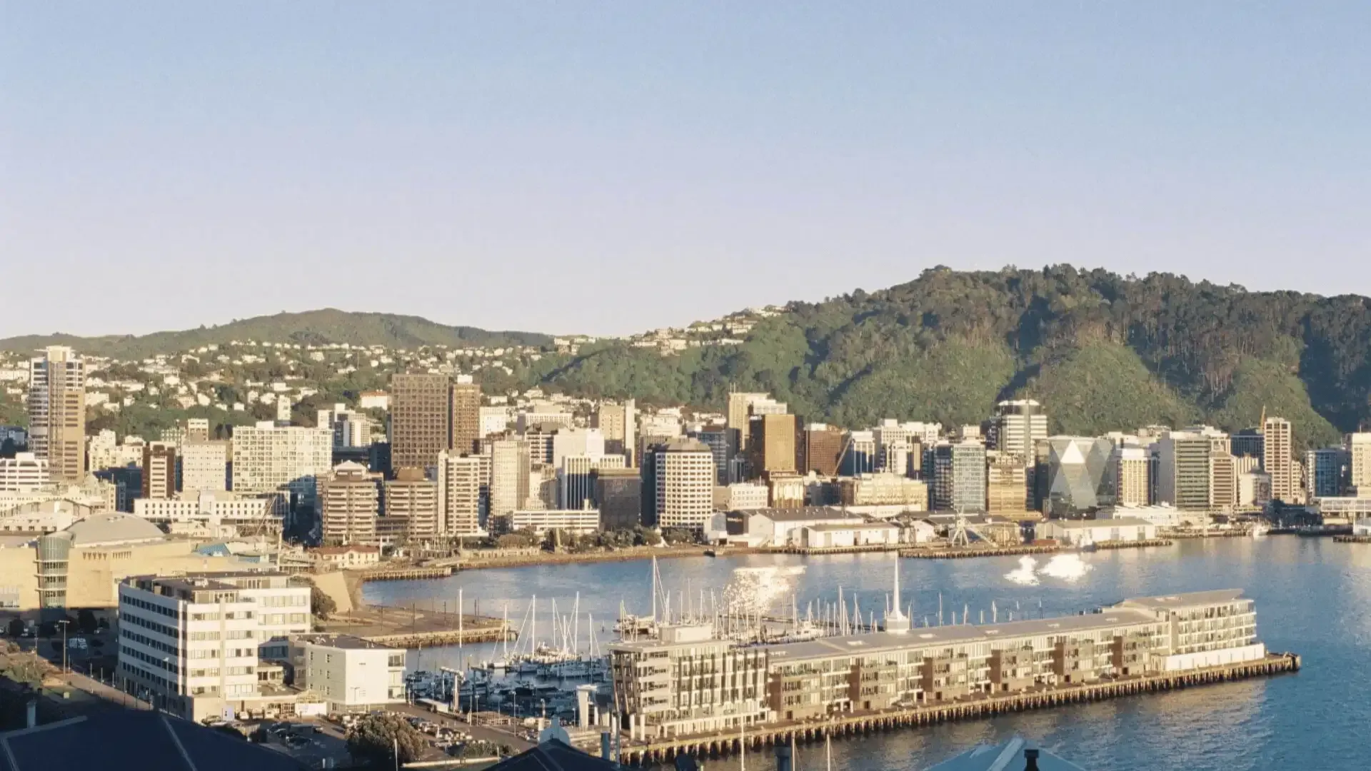 An aerial view of a city with a harbor and mountains in the background