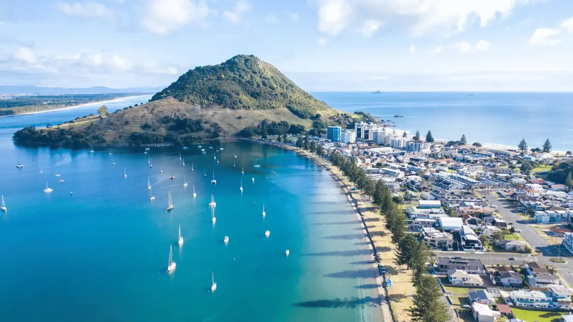 An aerial view of a small island in the middle of a body of water surrounded by boats.