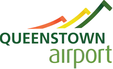 a logo for queenstown airport with a mountain in the background