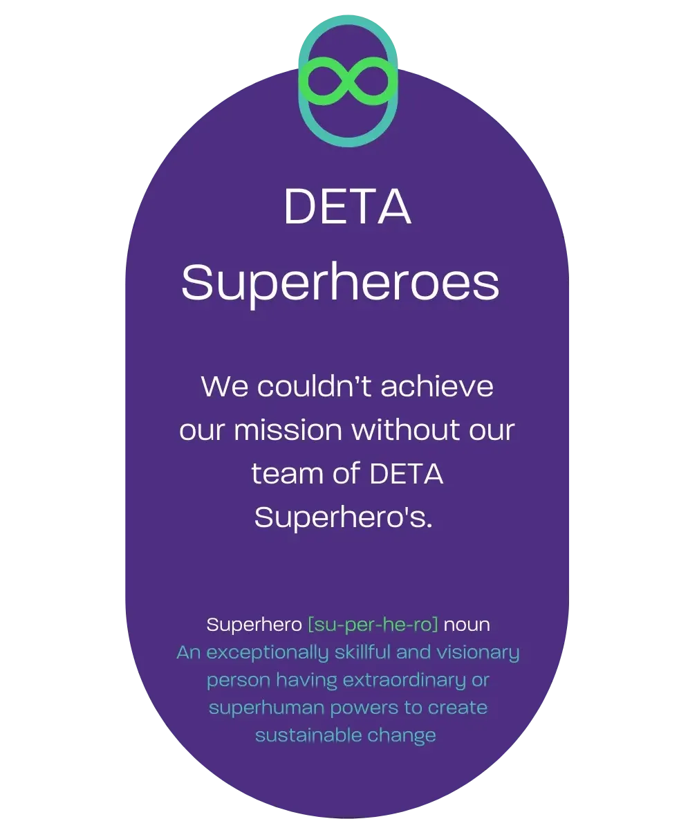 A purple sign that says deta superheroes on it