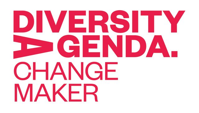 a red and white logo for diversity agenda change maker