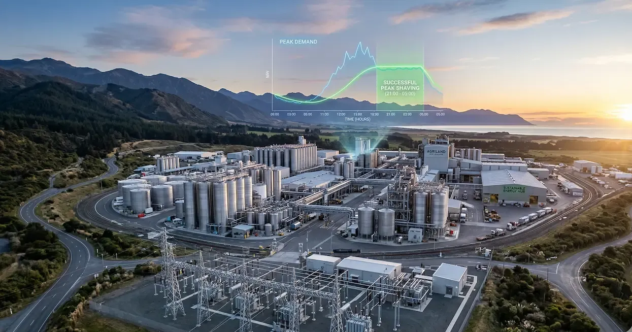 Aerial view of an industrial plant at sunset with a superimposed digital data graph overlaying the facility.