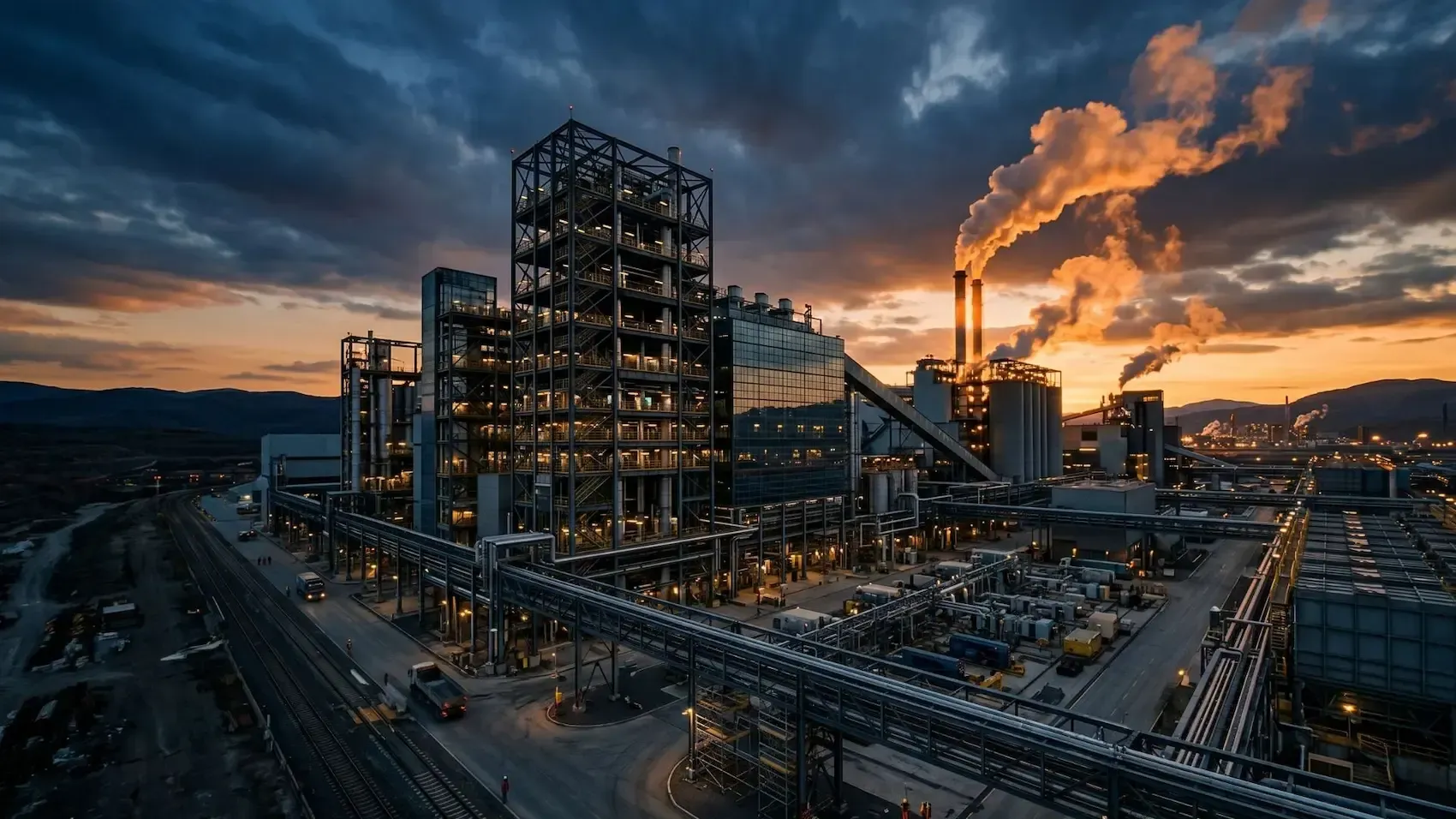 Industrial plant at dusk with glowing smokestacks, steel structures, and city lights under a cloudy sky