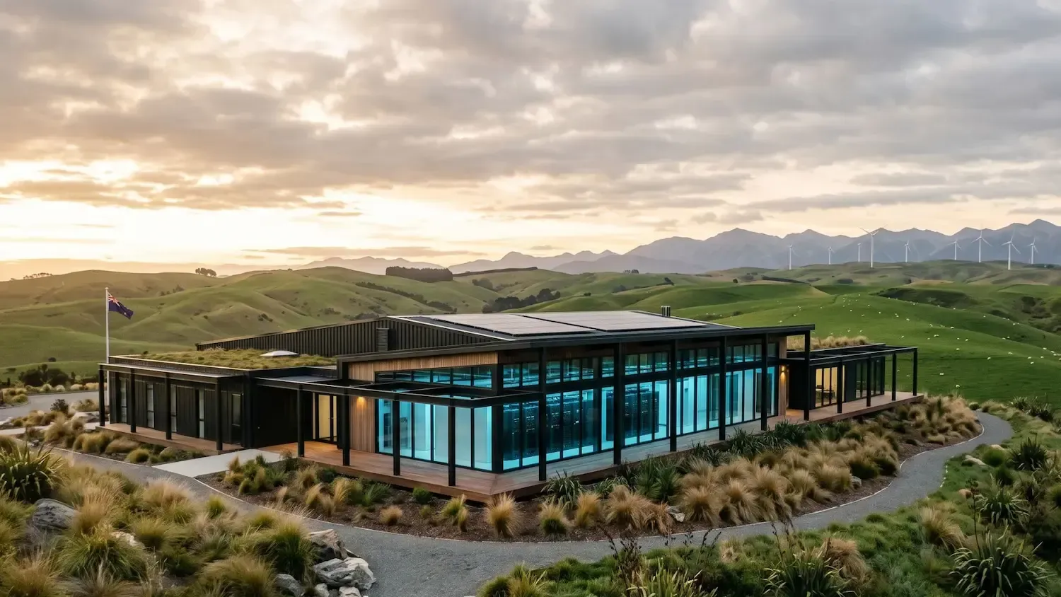 Modern glass house with blue accents in a desert landscape at sunset, with distant mountains.