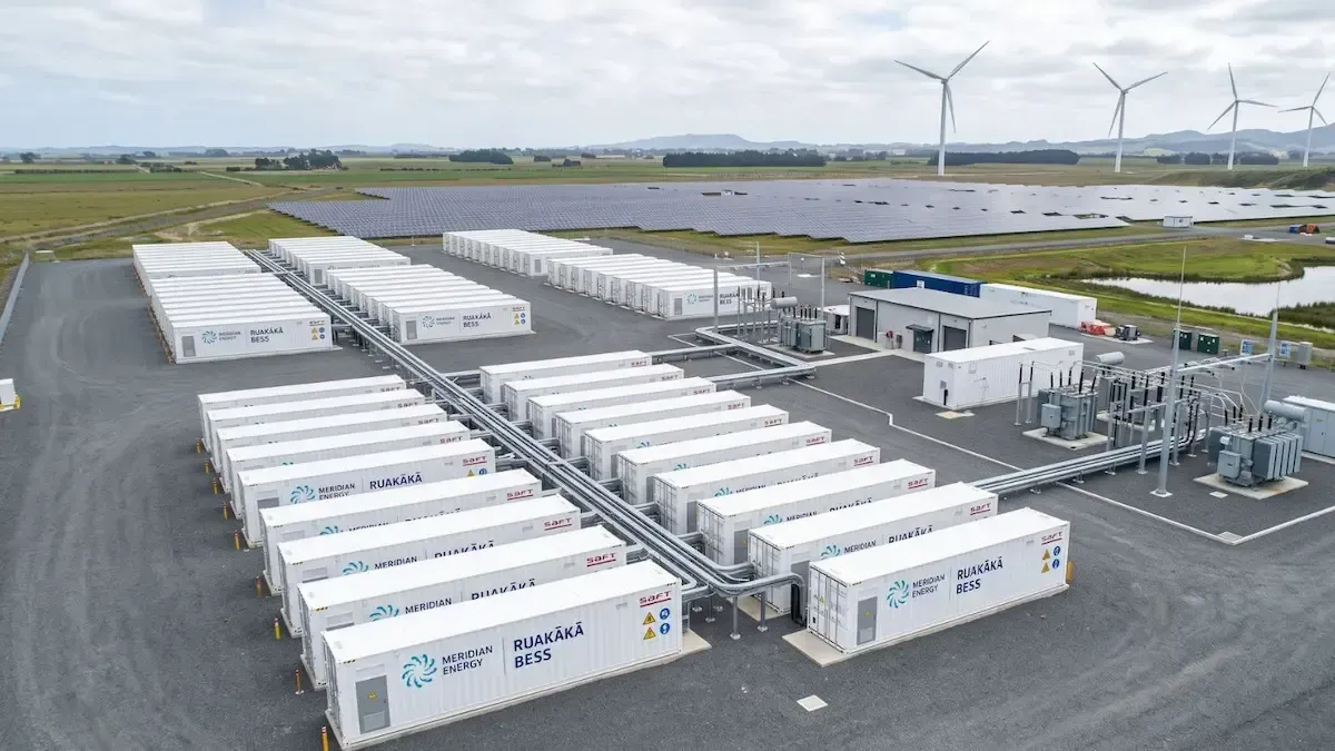 Aerial view of a large battery storage site with white container units and wind turbines in the background.