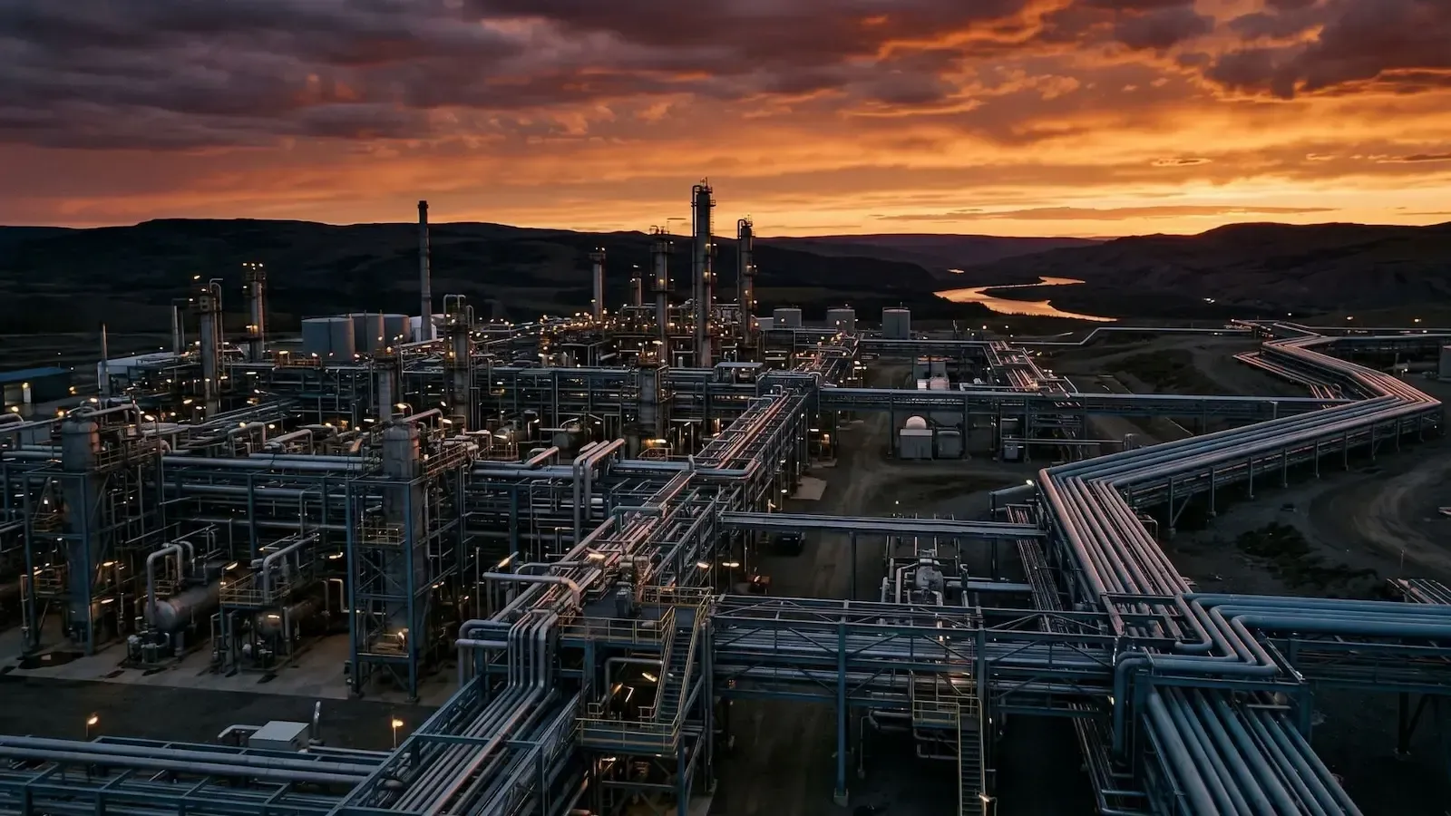 Industrial refinery at dusk with glowing orange sky and sprawling metal pipes