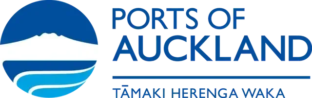 a blue and white logo for ports of auckland