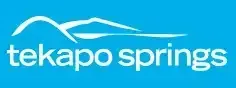 the logo for tekapo springs is blue and white with a mountain in the background .