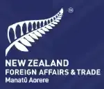 the new zealand foreign affairs and trade logo is on a blue background .