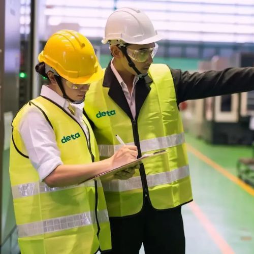 Two men wearing hard hats and vests that say deta