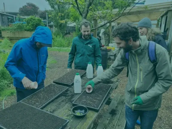 A group of men are standing around a table planting seeds.