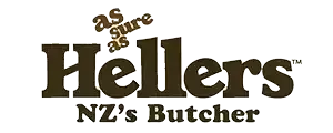 a logo for hellers nz 's butcher is shown