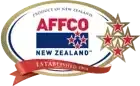 a logo for affco new zealand with three stars and a red ribbon .