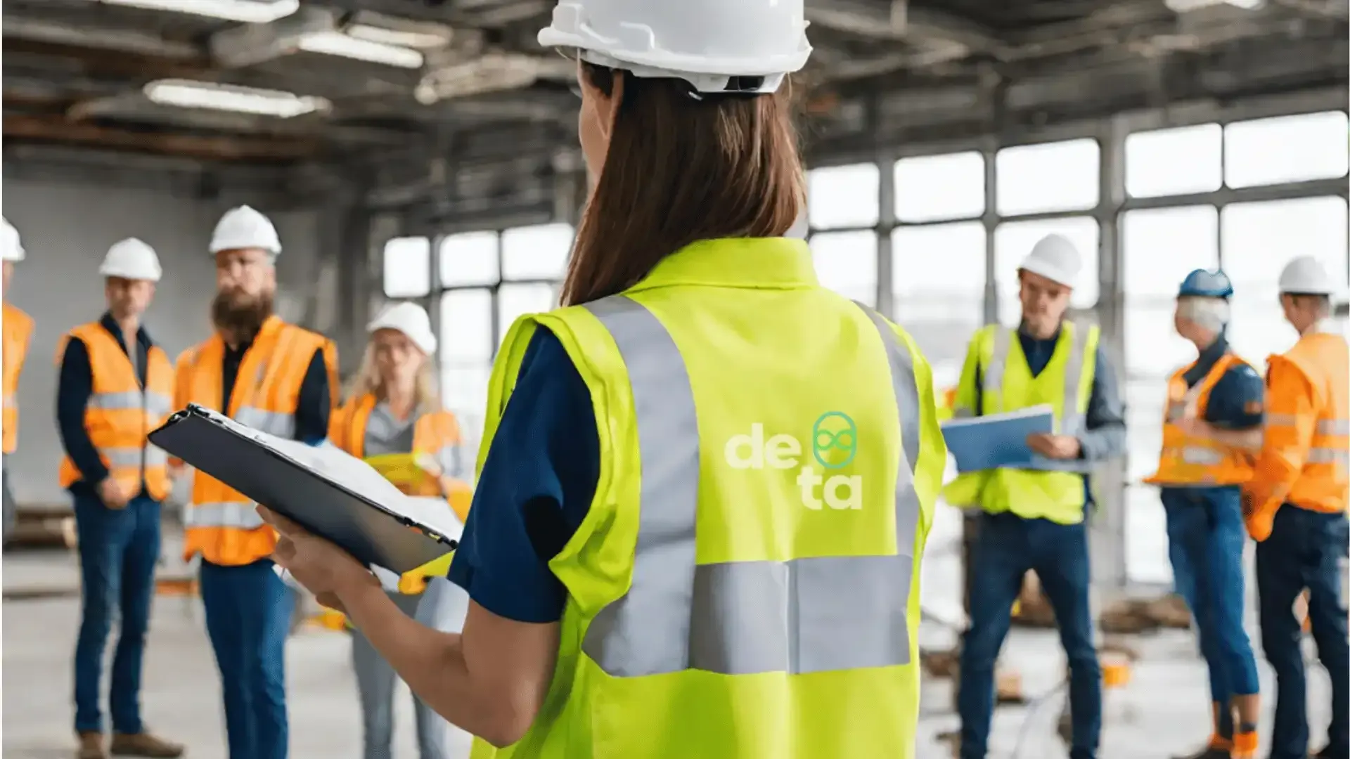 A woman in a safety vest & hard hat holds a clipboard & a group of workers on a construction site.