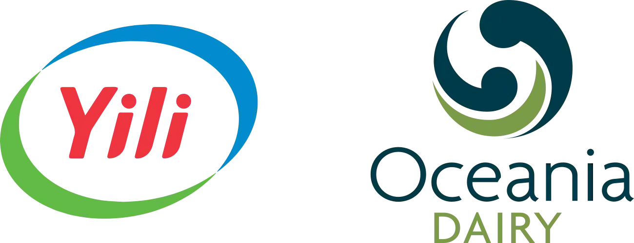 the logos for yili and oceania dairy are next to each other on a white background .