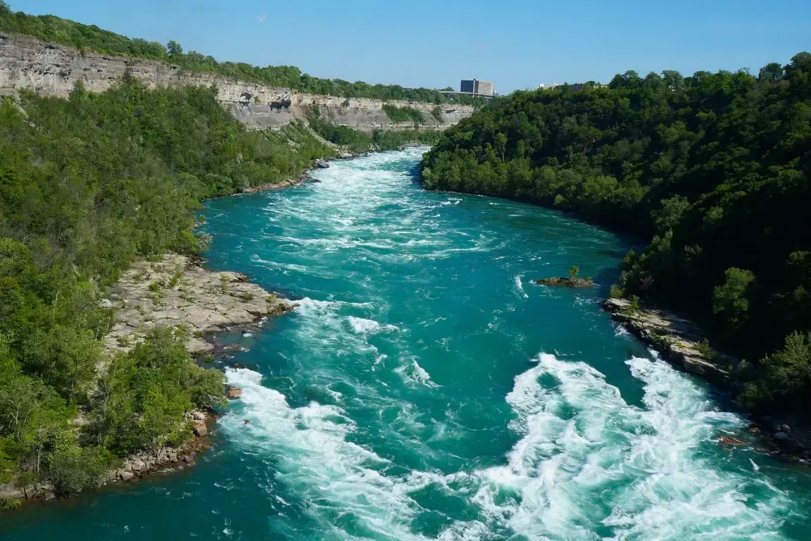 A river flowing through a valley surrounded by trees