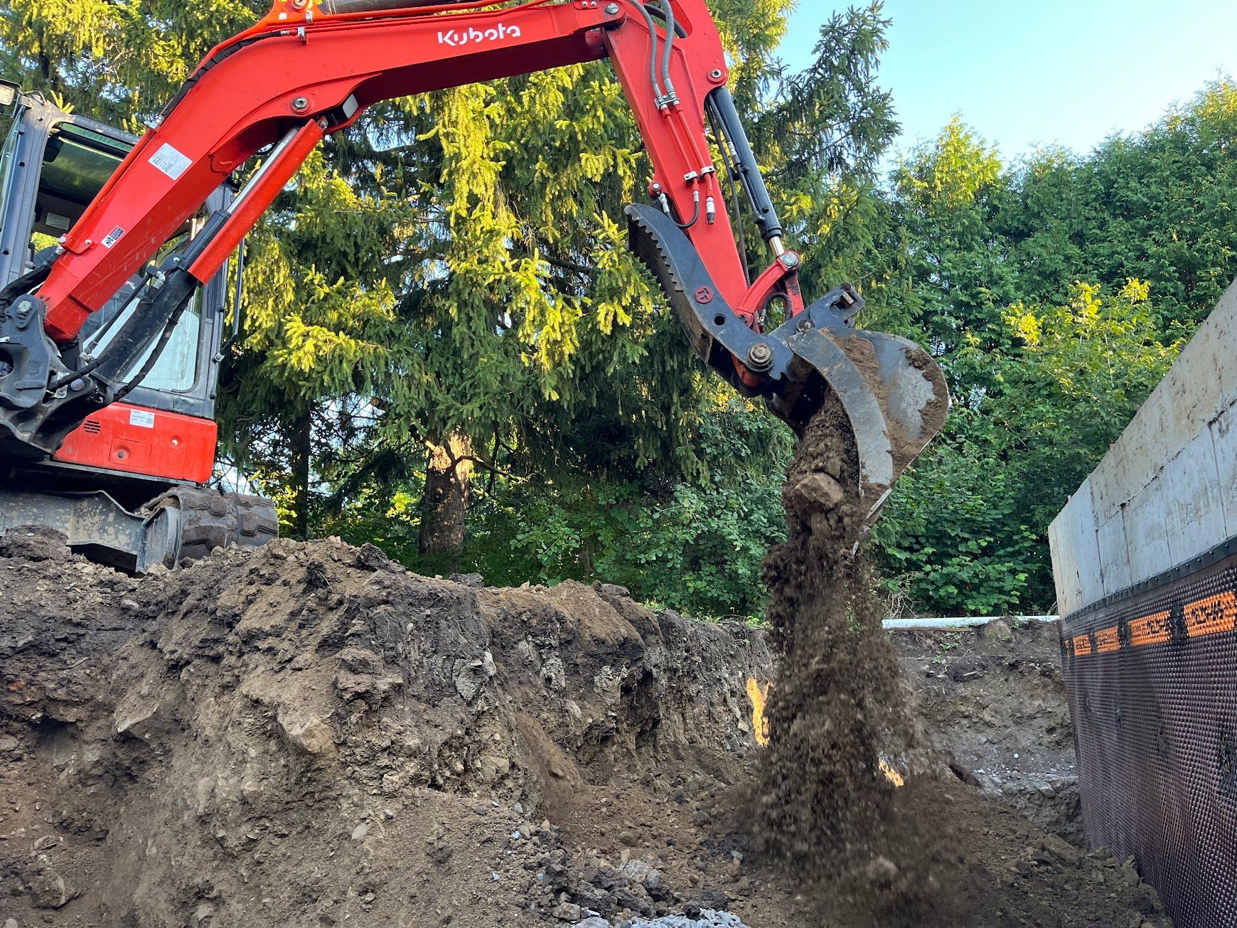 Une excavatrice rouge et noire creuse un trou dans le sol.