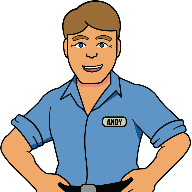 A man in a blue shirt with the name andy on his chest
