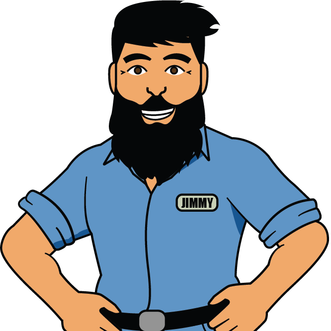 A cartoon of a man with a beard and the name jimmy on his shirt