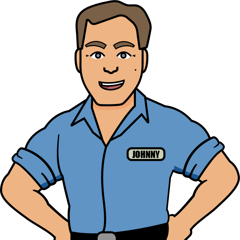 A man in a blue shirt with a name tag that says johnny
