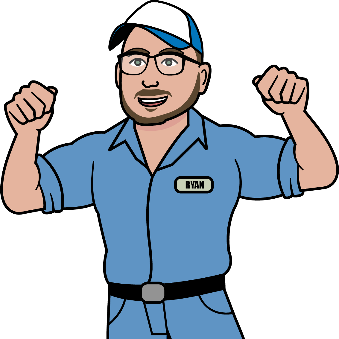A cartoon of a man in a blue shirt and hat flexing his muscles.