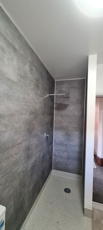 A bathroom with a walk in shower and a toilet.