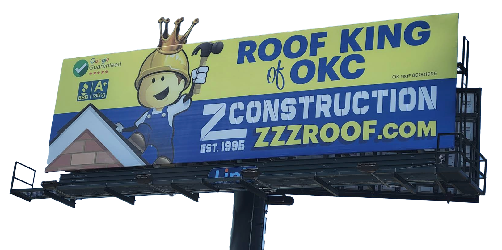 Billboard for Roof King of OKC, featuring cartoon character wearing a crown and holding a hammer.