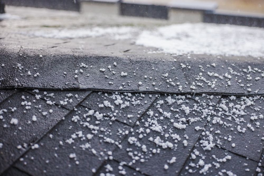 Hail on a dark asphalt shingle roof.