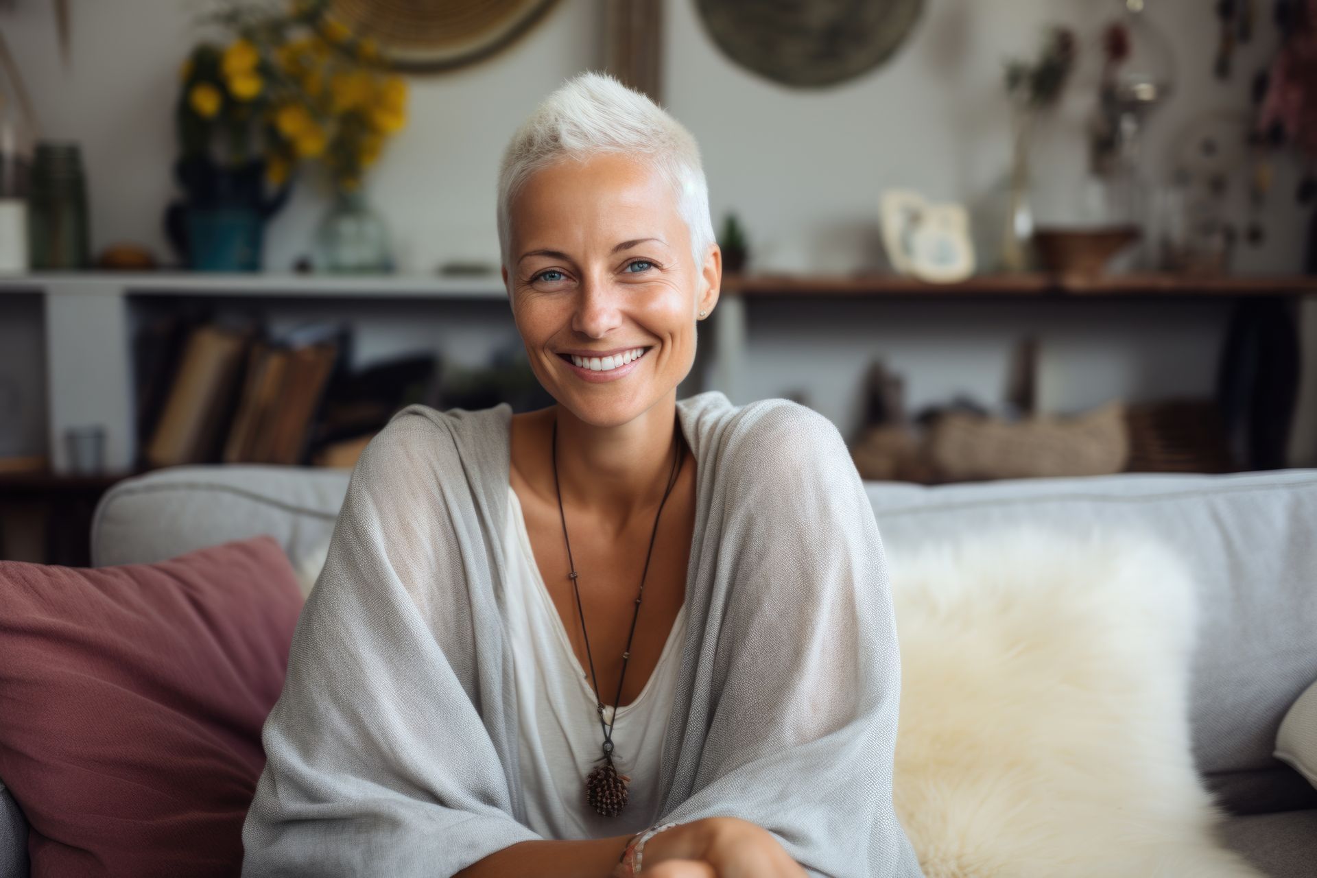 Smiling person with short white hair, wearing a gray shawl and necklace, seated on a couch in a cozy home setting.
