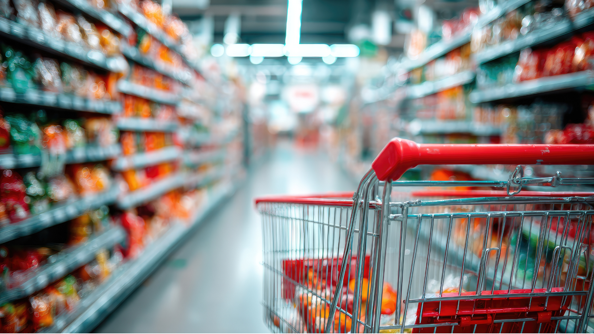 Shopping cart in a brightly lit grocery store aisle with colorful product packaging on shelves.