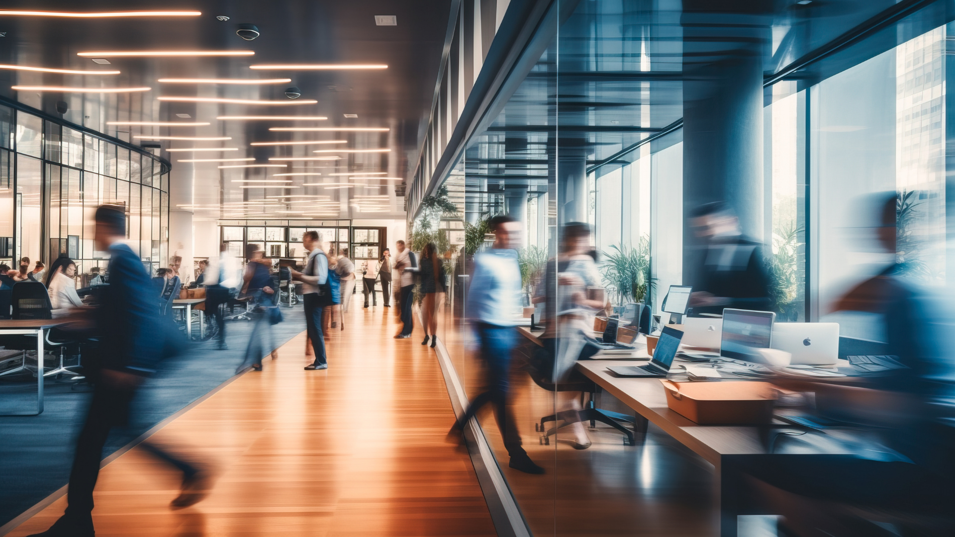 Blurred image of people walking in a modern office hallway with large windows and desks.