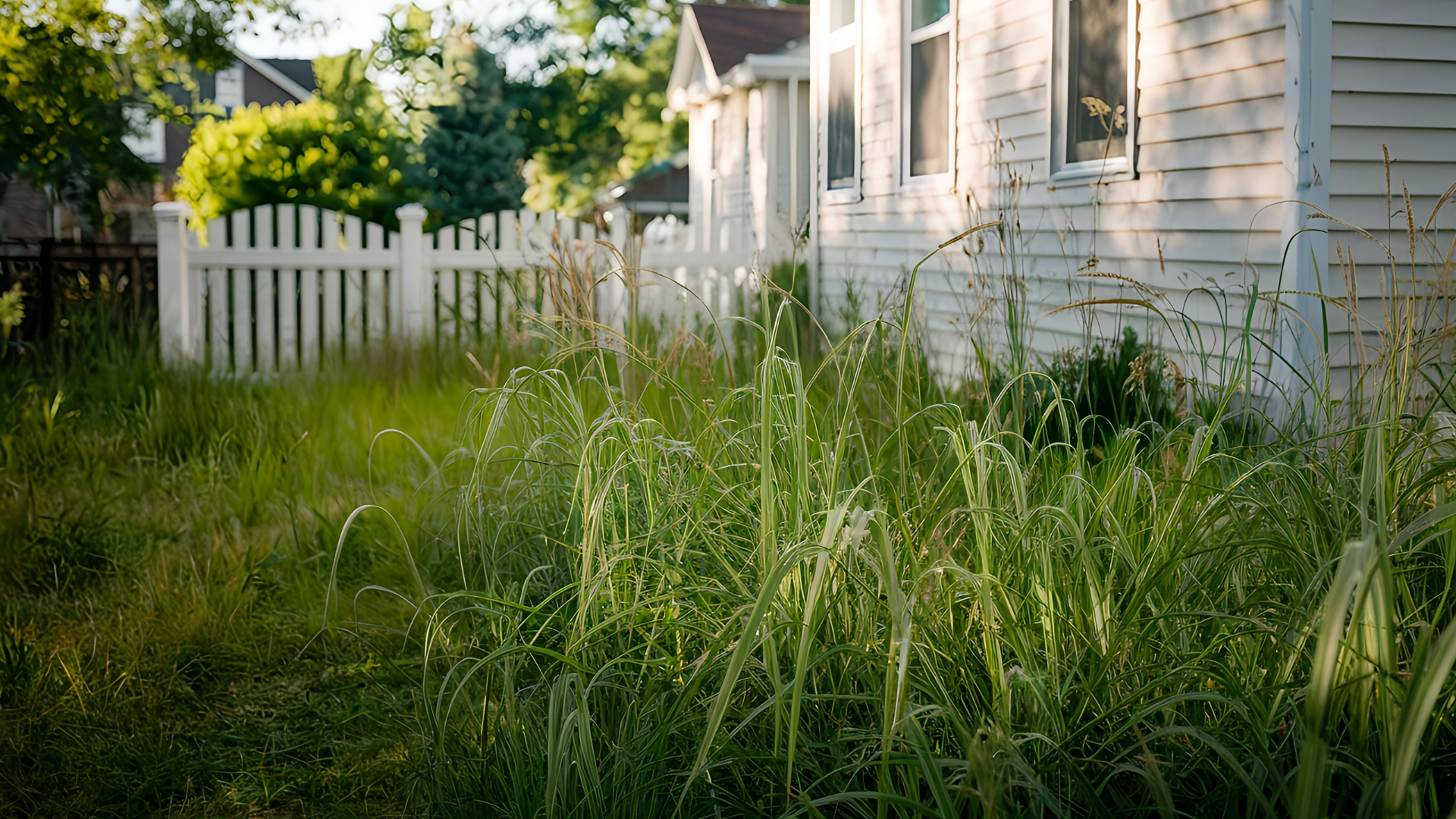 Tall grass overgrown in front of a white house and picket fence.