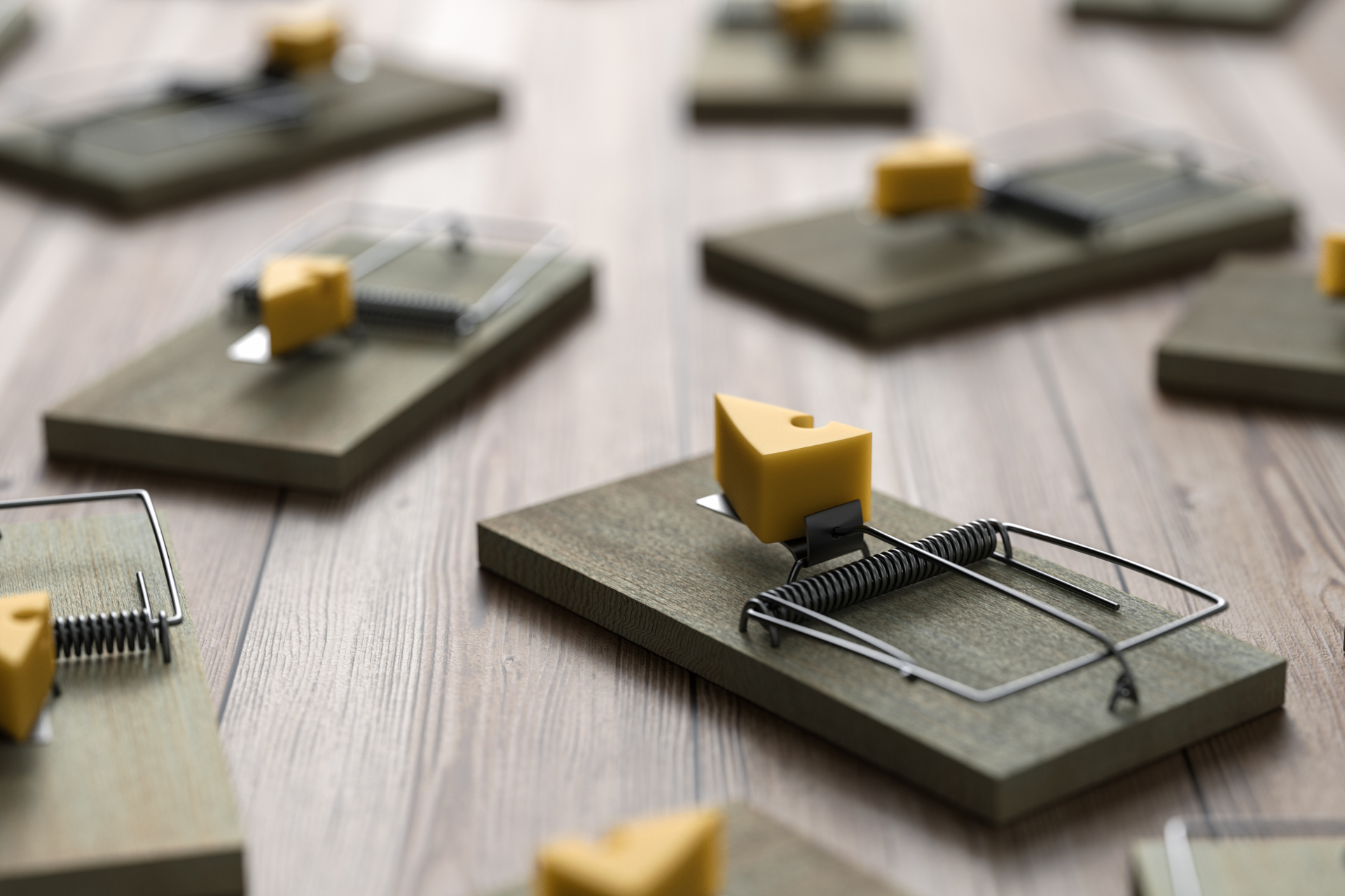A bunch of mouse traps with cheese on them on a wooden table.