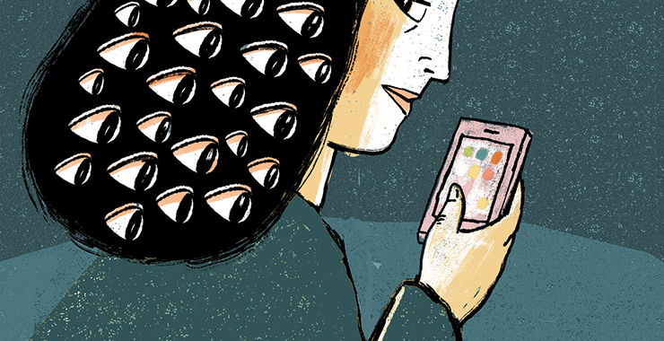 a cartoon drawing of a woman holding a cell phone