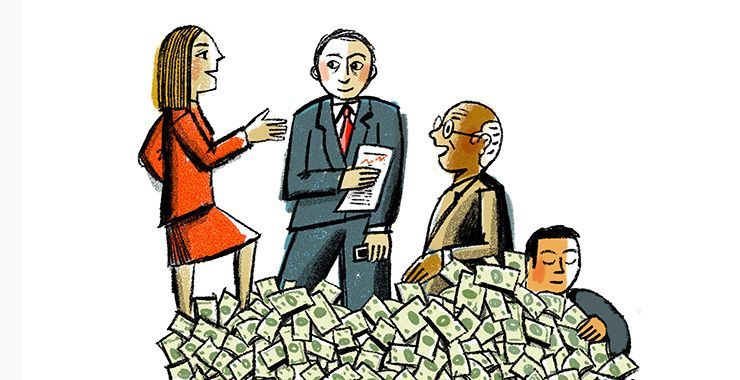 a group of people are standing around a pile of money .