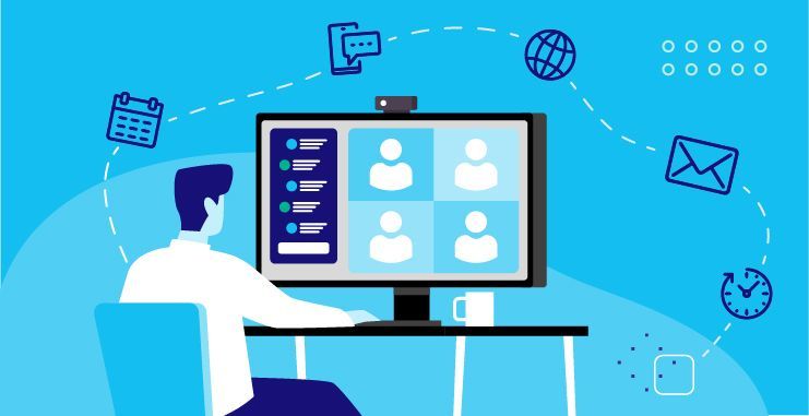 a man is sitting at a desk using a computer to have a video call .